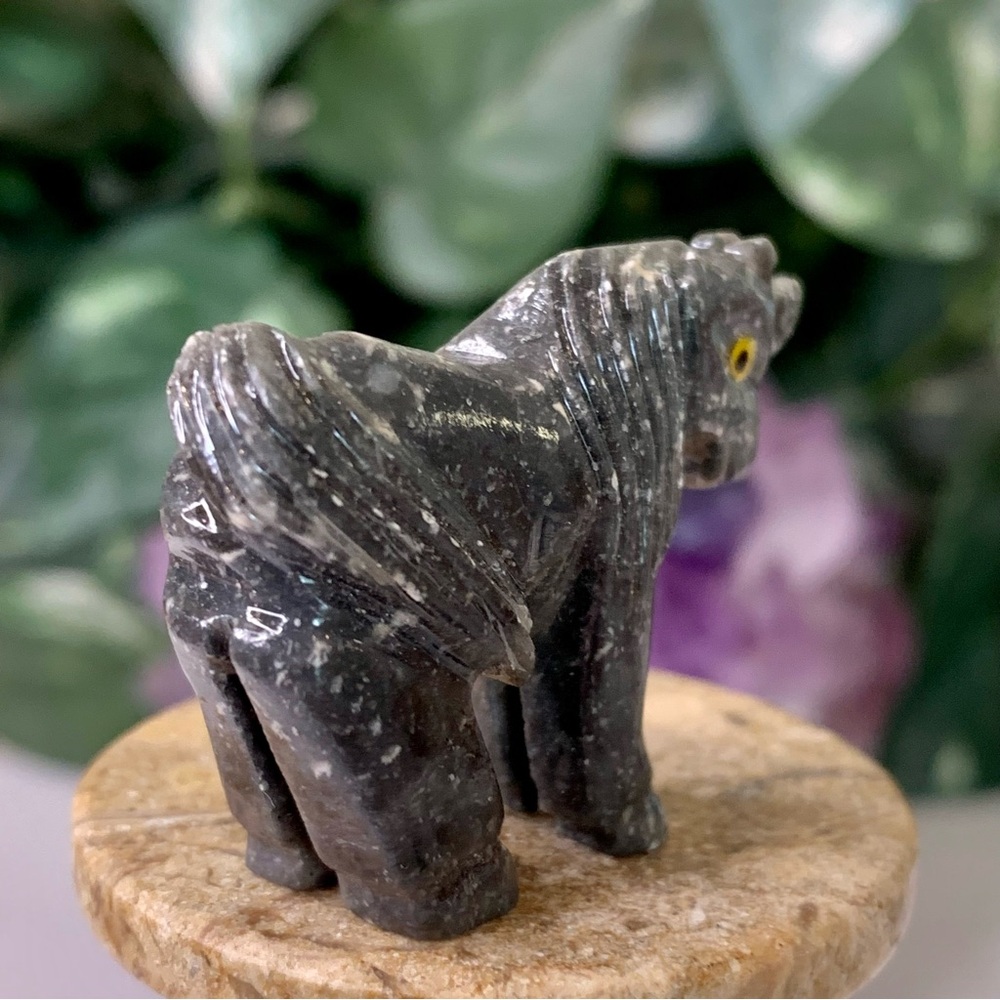 Grey Soapstone Carved Unicorn Figurine Miniature Stone Animal Carving Yellow Eye - Picture 9 of 15